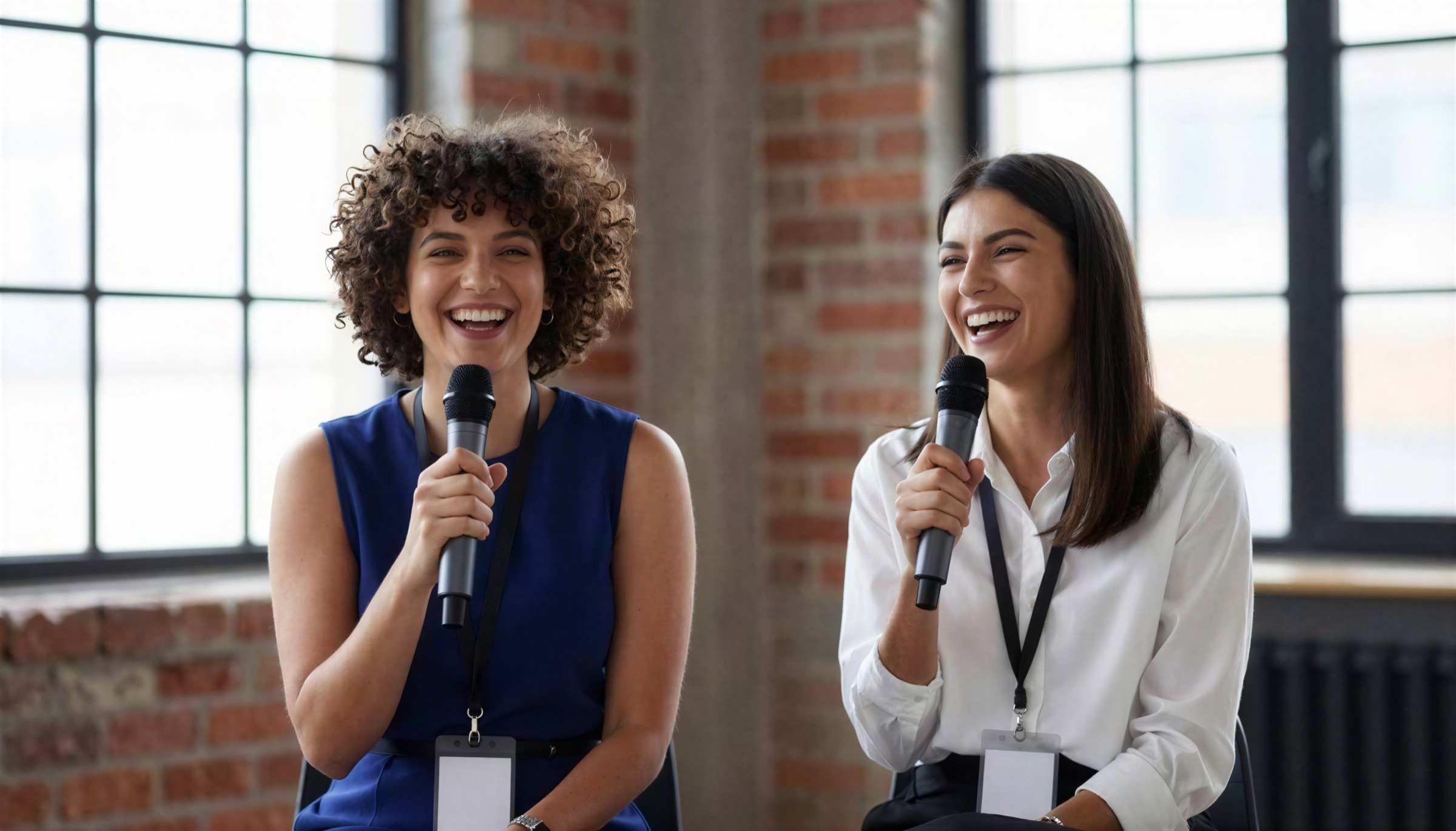 Women speaking with microphones during a conference panel