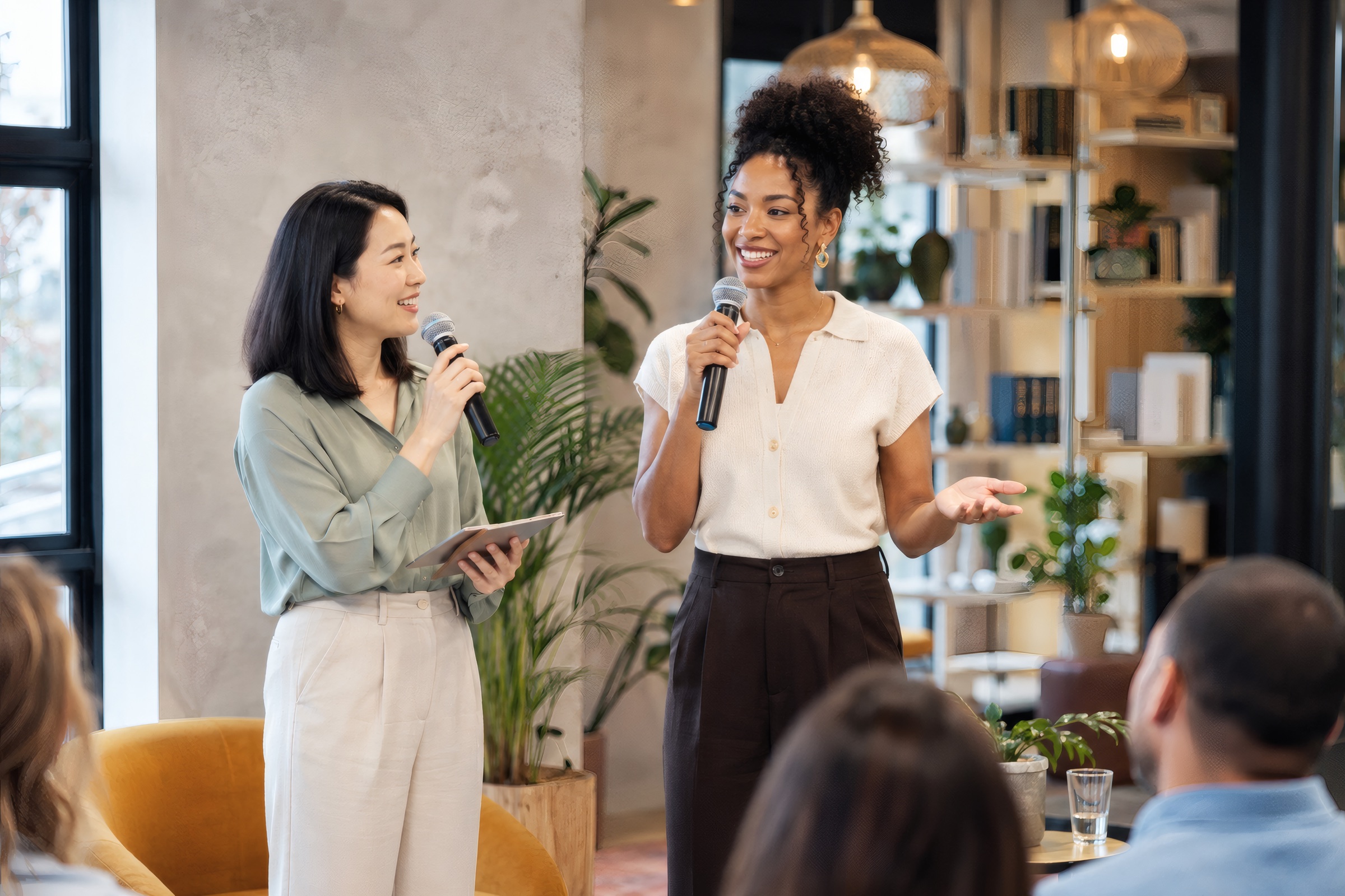 Women leading a live conversation with an audience